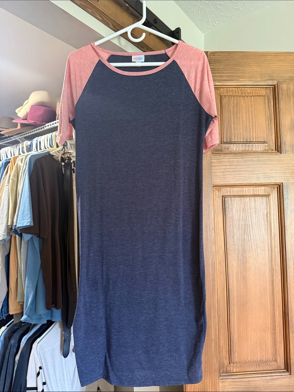 LuLaRoe Pink Sleeve Navy Raglan T-Shirt Dress